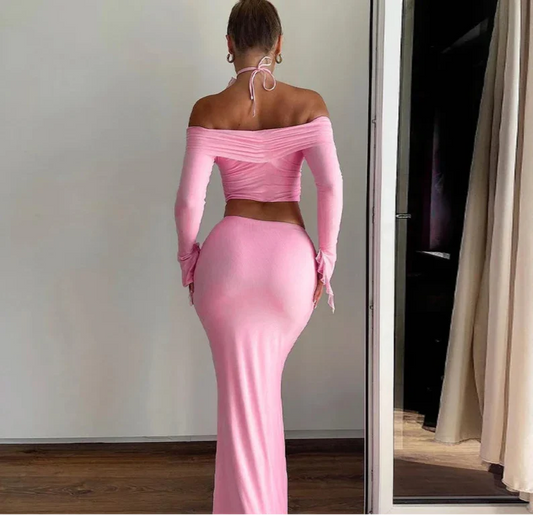 Off Shoulder Crop Top, Bodycon Maxi Skirt Set