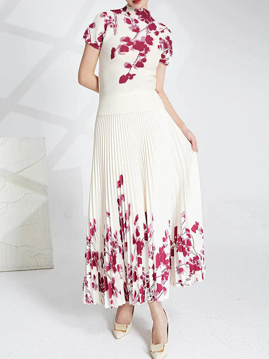Printed Top and Pleated Long Skirt Suit