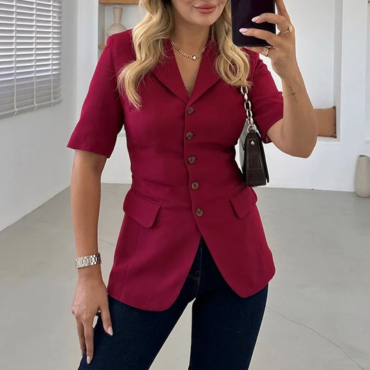 Turn-down Collar Short Sleeved Single Breasted Shirt