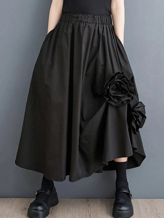 Vintage Floral Loose Midi Skirt Black / One Size