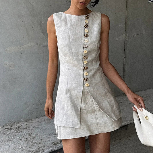 Sleeveless Front Buttoned Top and Mini Skirt Set