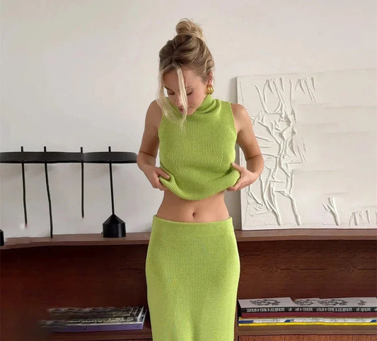 High Neck Knitting Top and Solid Long Skirt Suit
