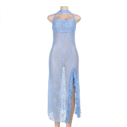 Sheer Lace Sash Halter Neck Ruffle Hem Dress