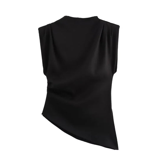 Sleeveless Cropped Top Pleated Round Neck Vest T-Shirt