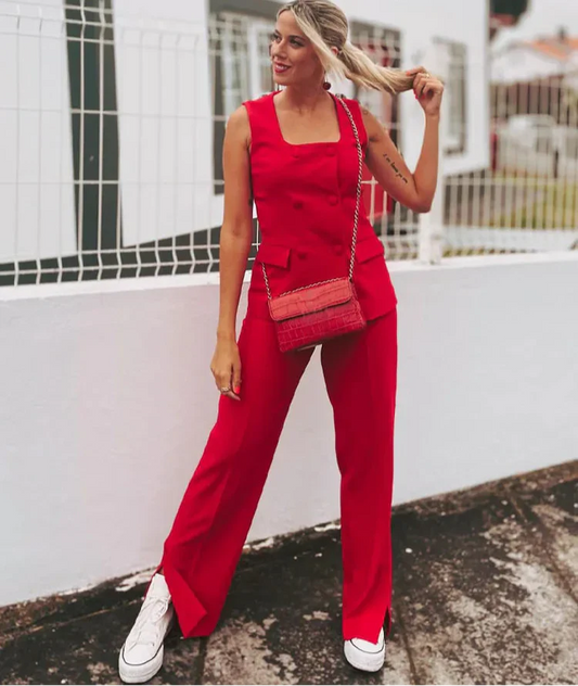 Square Neck Sleeveless Waistcoat Pant Suit