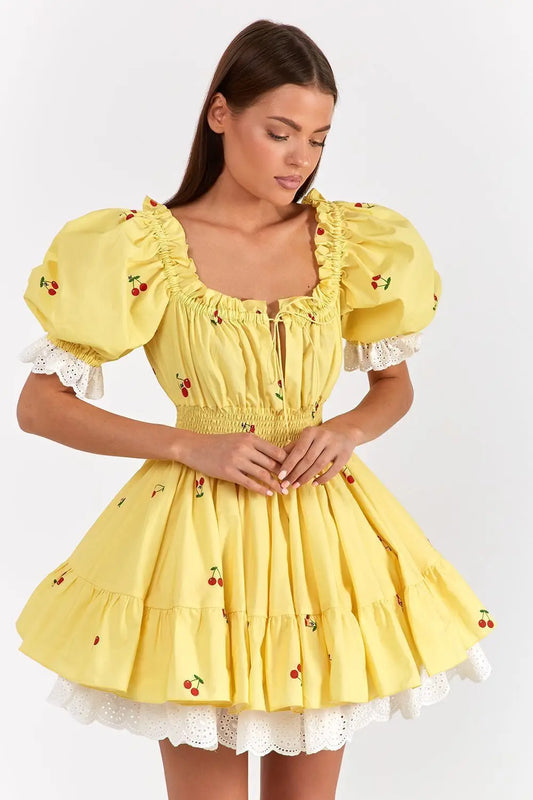 Print Puff Sleeve Ruffles Lace-up Mini Dress