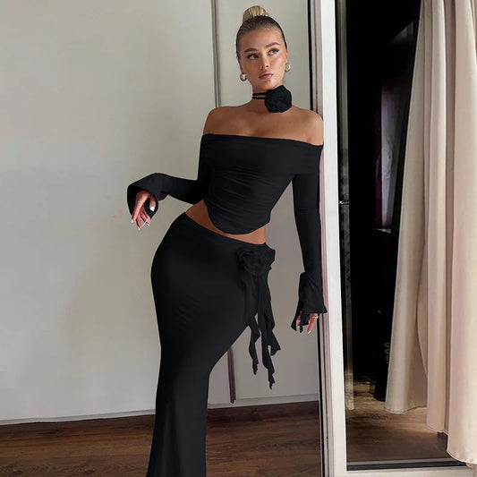 Off Shoulder Crop Top, Bodycon Maxi Skirt Set