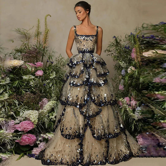 Sequin Butterfly Layered Gown