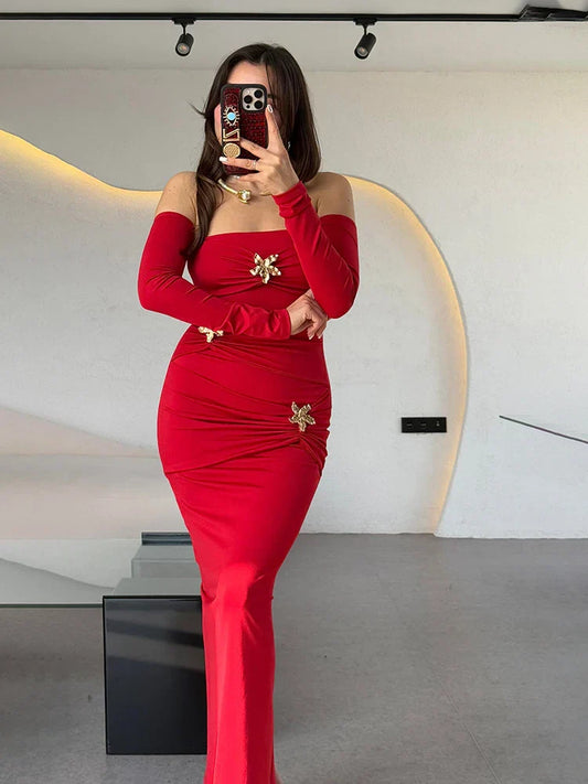 Metal Buckle Off-shoulder Backless Long Dress