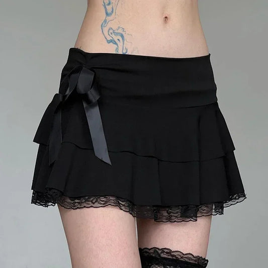 Low Waist Bow Stitching Mini Skirt Black / S