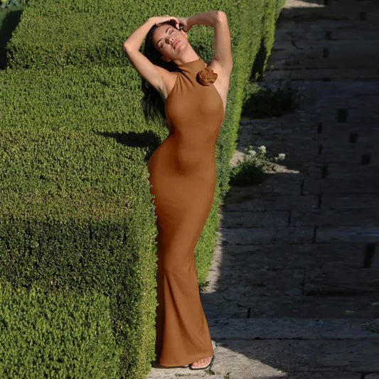 Halter Flower Backless Maxi Dress