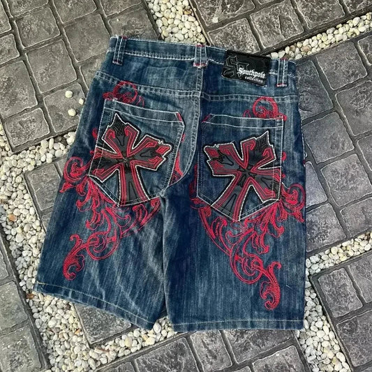 Leather Patch Embroidery Denim Short blue / S