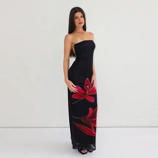 Black Tube Flower Print Back Tie Up Maxi Dress