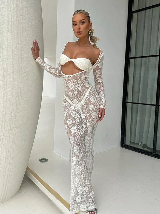 Perspective Lace Hollow Out Bodycon Maxi Dress