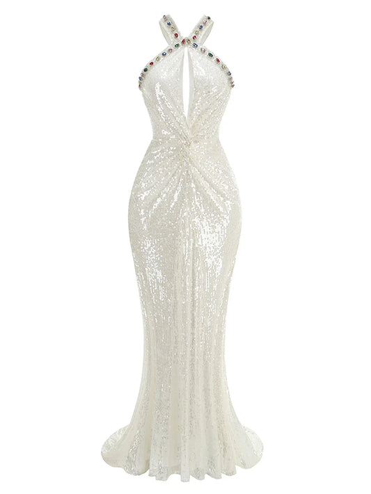 Mesh Sequin Floor Length White Mermaid Dress