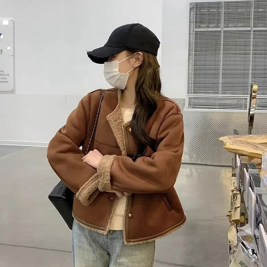 Coffee Faux Leather Fur Coat