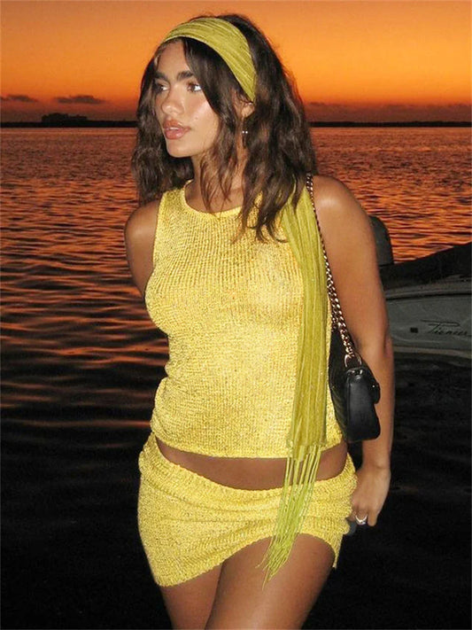 Solid Knit Top And Mini Skirt 2 Pcs Suit