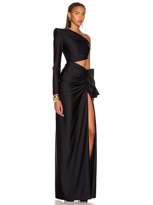 Black Inclined Shoulder High Split Draped Maxi Dress