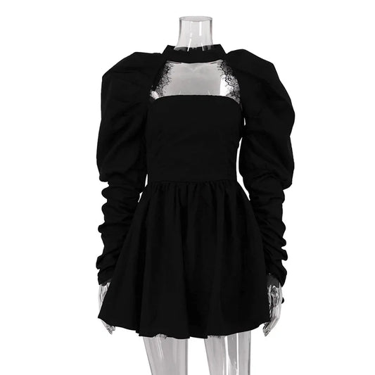 Puff Long-sleeved Black Mini Dress