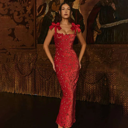 Bows Lace Bodycon Maxi Dress