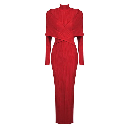 Red Bandage Turtle Neck Cross Design Long Dress