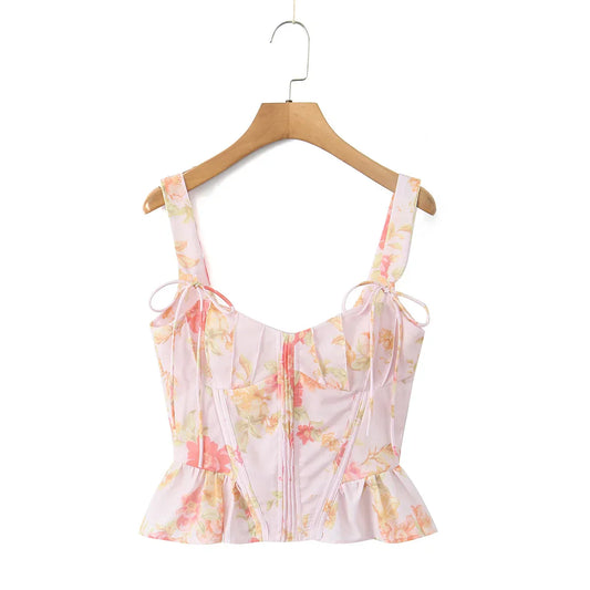 Ribbon Bow Strap Ruffles Hem Top