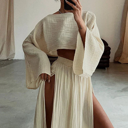 Linen Flare Sleeve Top & Slit Skirt Set