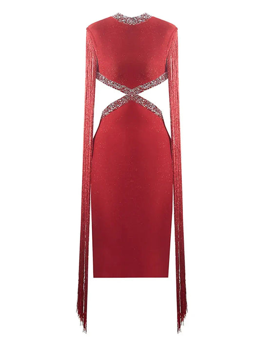 Fringe Sleeve Tassel Sequined Midi Dress