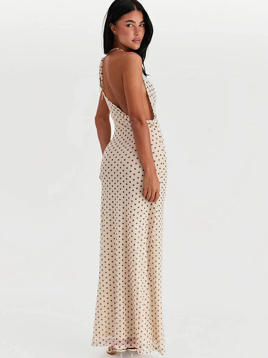 Polka Dot Backless Spaghetti Strap Party Maxi Dress