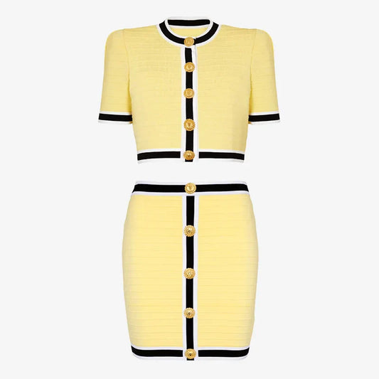 Yellow Short Cardigan and Mini Skirt Suit