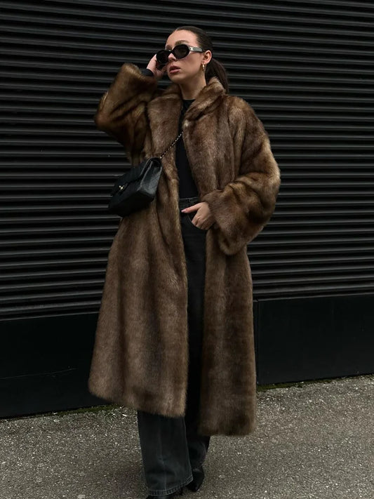 Faux Fur Lapel Fluffy Plush Warm Coat