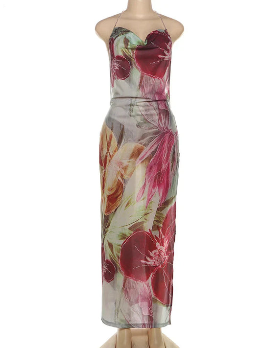 Floral Print Backless Halter Dress with Split for Women