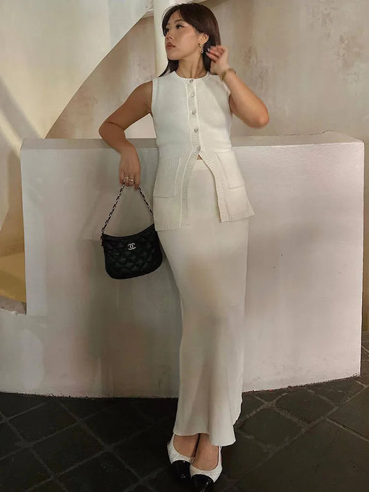 Knitted Solid Slit Vest and Long Skirt Suit