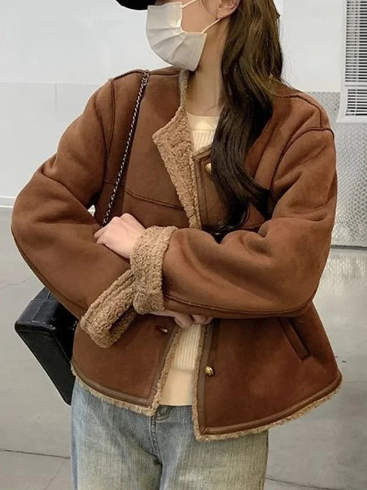 Coffee Faux Leather Fur Coat