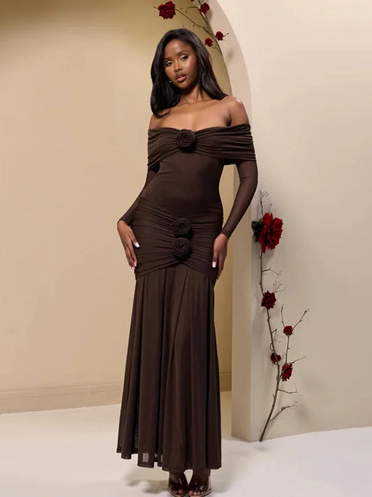 3D Flower-appliqué Mesh Long Sleeve Fishtail Maxi Dress