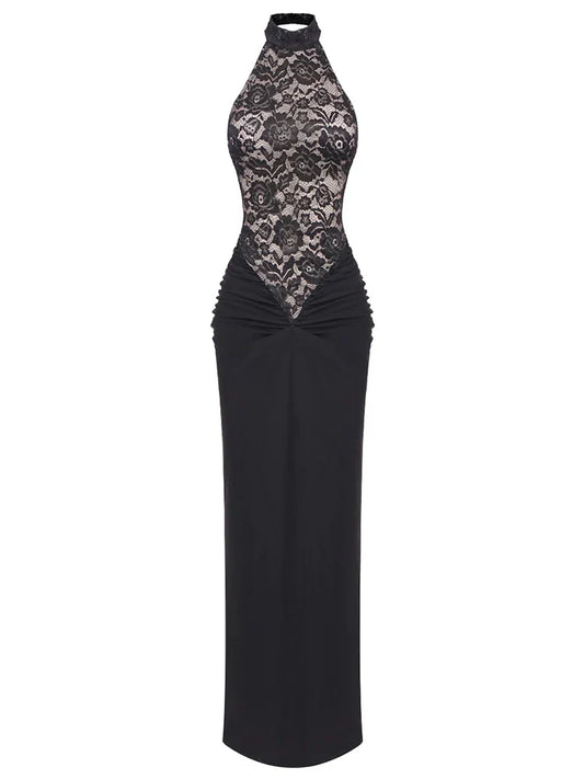 Halter Neck Lace Patchwork Black Maxi Dress