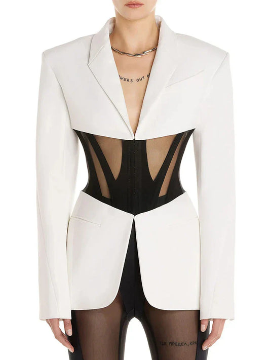 Perspective Gauze Patchwork Blazer Pencil Pant Suit
