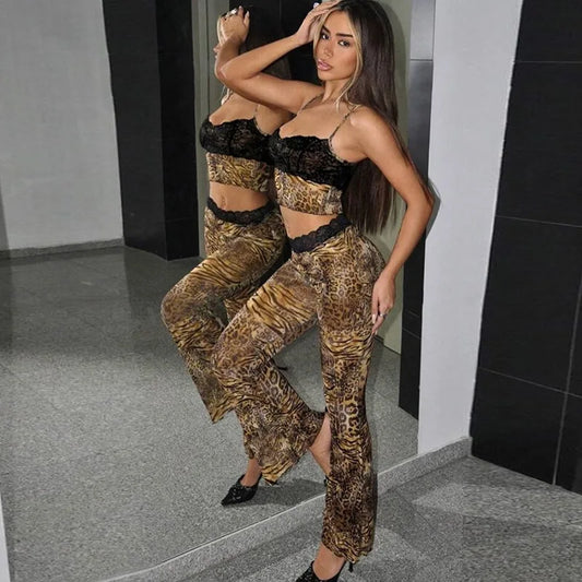 Leopard Print Two-Piece Cami Flare Pantsuit
