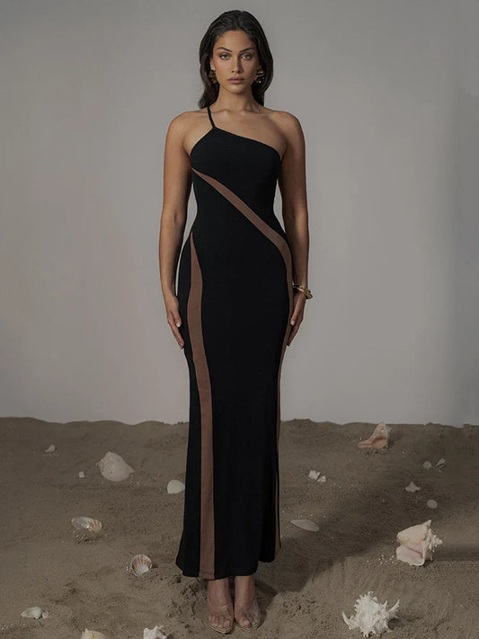 Black Mesh Patchwork One Shoulder Maxi Dress