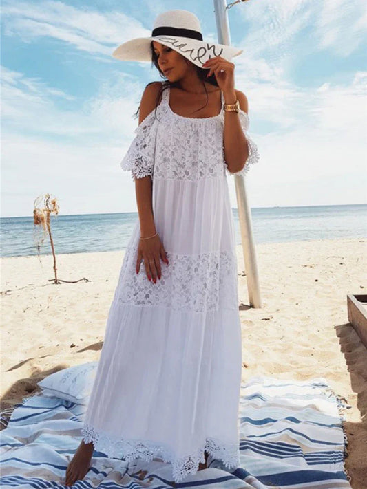 Lace Off Shoulder Bikini Cover Up WHITE / One Size