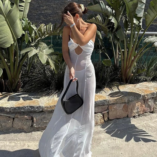 Mesh White Spaghetti Strap Hollow Out Dress