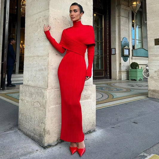 Red Bandage Turtle Neck Cross Design Long Dress