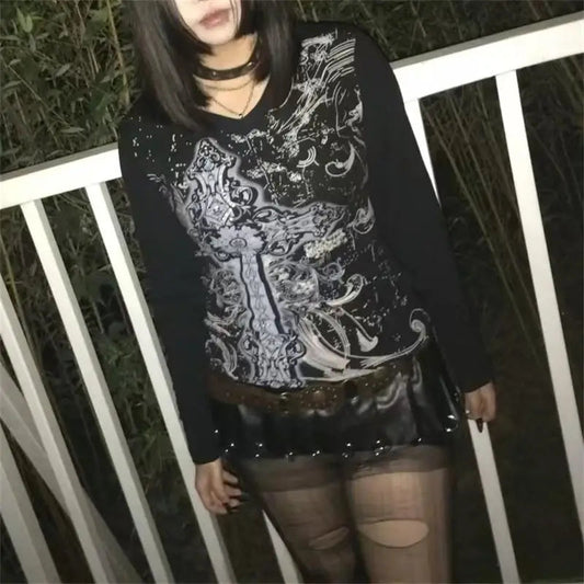 Antique Mysterious Black Plunge-neck Blouse Black / S