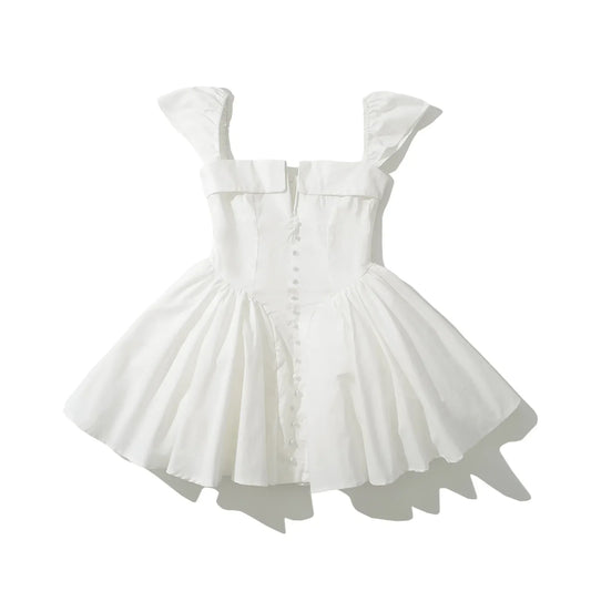 White Slit V Collar Short Sleeve Corset Style Mini Dress