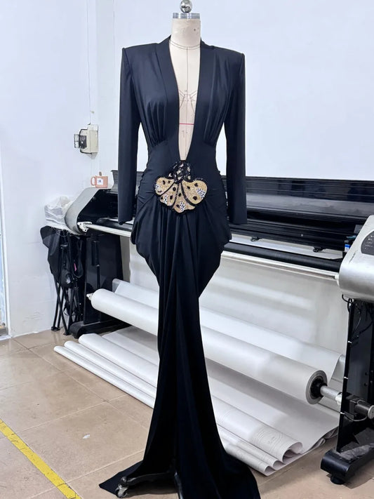 Deep V Neck Long Sleeves Black Maxi Dress Party Gown