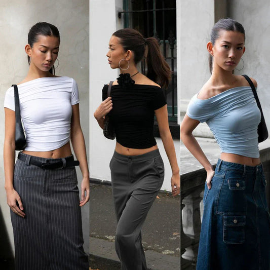 Slash Neck Bodycon Top �Short Sleeve Solid Color Tee
