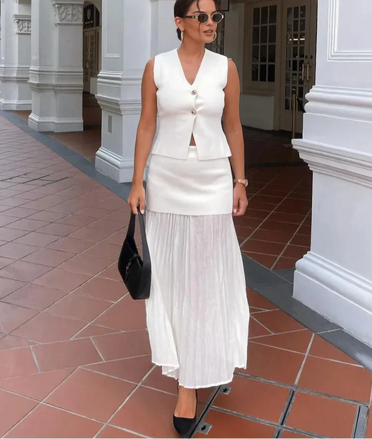 Button Knit Top Side Zipper Skirt Suit