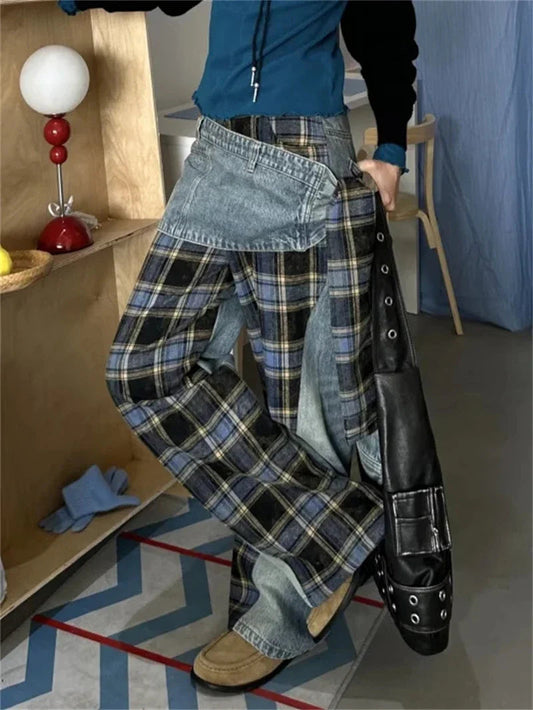 Y2K Gothic Large Checkered Denim Pant blue / S