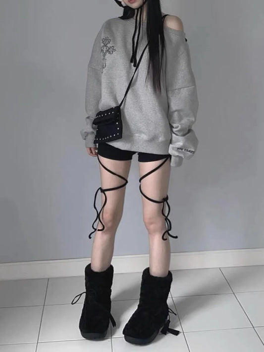Dark Off Shoulder Pullover Hoodie black / M