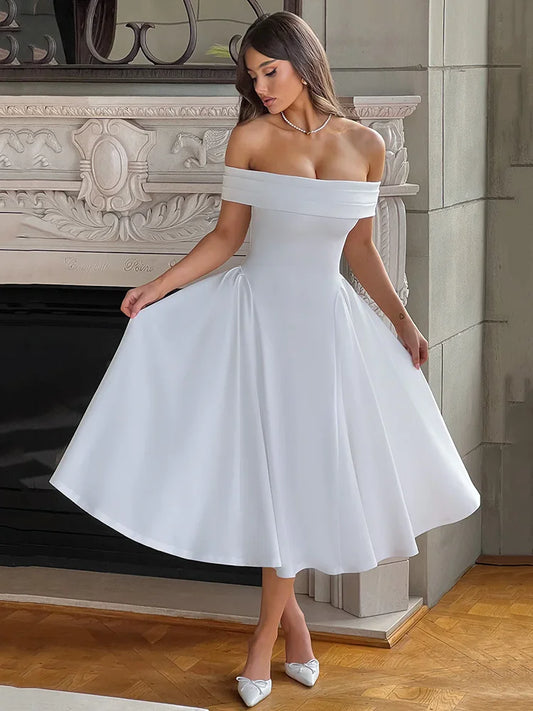 Off-Shoulder Flare Midi Dress